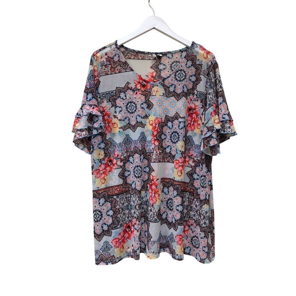 Size 18 W Plus Mesh Cato Boho Floral Colorful Unique Stretch Vacation Top Shirt - Picture 1 of 10